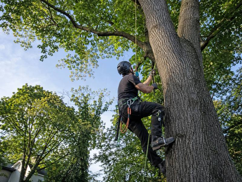 A L'Amoreaux Tree Service crew member sizing up a tree before climbing