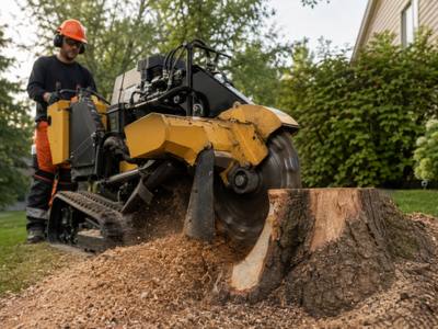 A grinder cutting a wide stump down toward grade