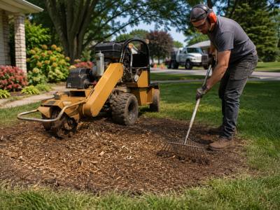 A stump ground flush with the surrounding lawn