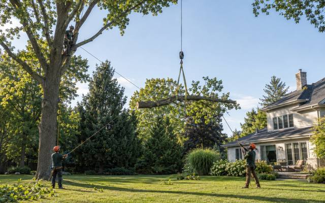 A dead limb lowered clear of a fence line