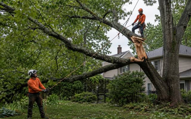 A large broken limb resting on the ground after a storm