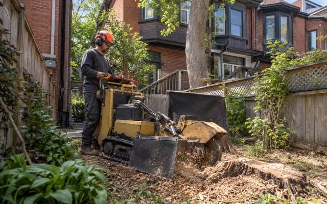 A stump grinder working through a wide trunk section